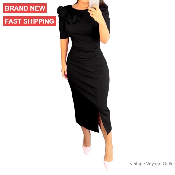 Women's Bodycon Midi Dress Ruched Puff Sleeve Cocktail Pencil Dress